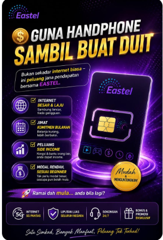 Poster Simkad Eastel bertema ungu neon dan emas: Guna handphone sambil buat duit